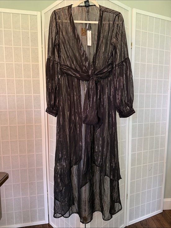 Express Dresses & Skirts - Express Black Sheer Metallic-Striped Tie-Waist Maxi Dress/ Boho cover up